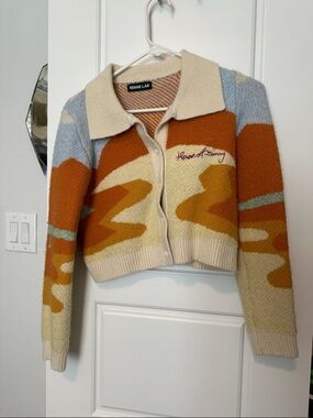 Rehab Lab Cropped Collared Cardigan in Cream, Rust, Light Blue and Mustard